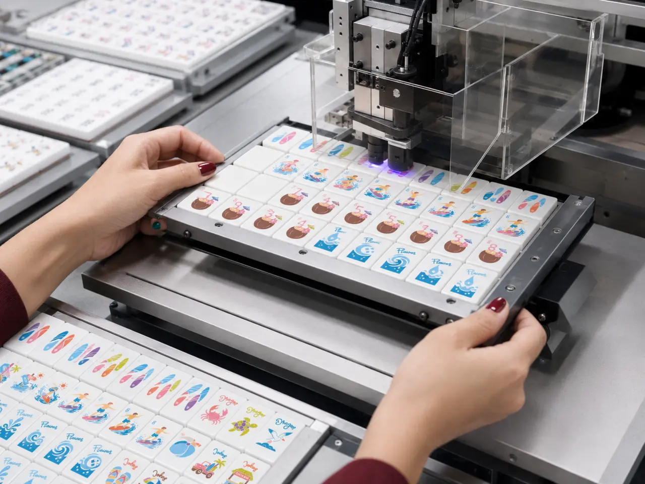 Female technician positioning American Mahjong tiles in precision production equipment